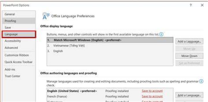 How do I change the language on PowerPoint?